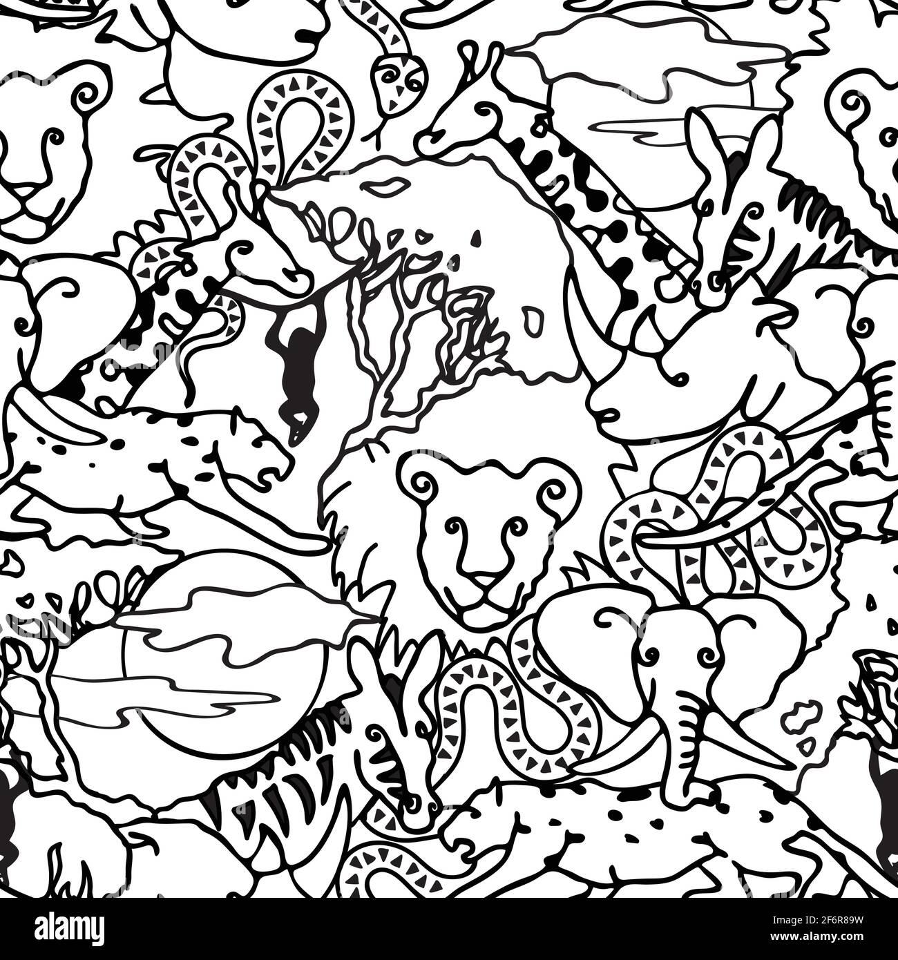 Seamless vector pattern animal line art. Black and white safari wallpaper design for children. Outlined African hand drawn background. Stock Vector