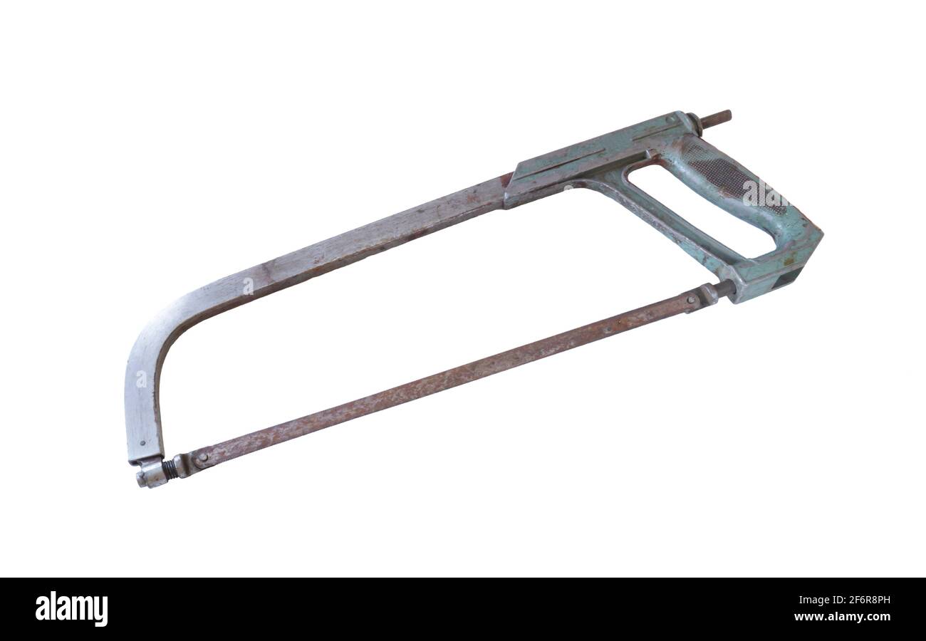 Old metal hacksaw isolated on a white background. Metal locksmith tools