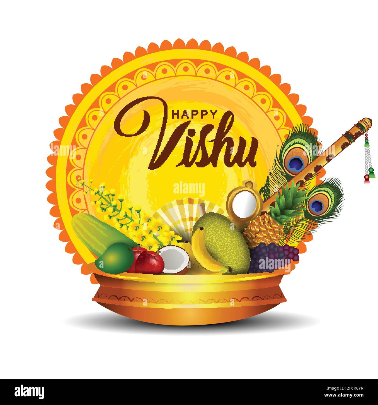 Happy Vishu greetings. April 14 Kerala festival with Vishu Kani, vishu flower Fruits and vegetables in a bronze vessel. vector illustration design Stock Vector