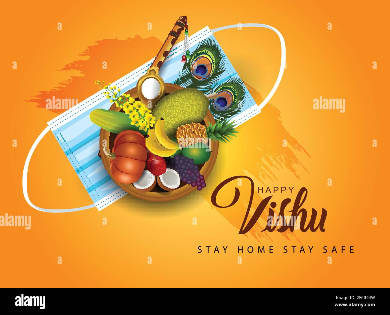 Happy Vishu greetings. April 14 Kerala festival with Vishu Kani, vishu flower Fruits and vegetables in a bronze vessel. vector illustration design. co Stock Vector