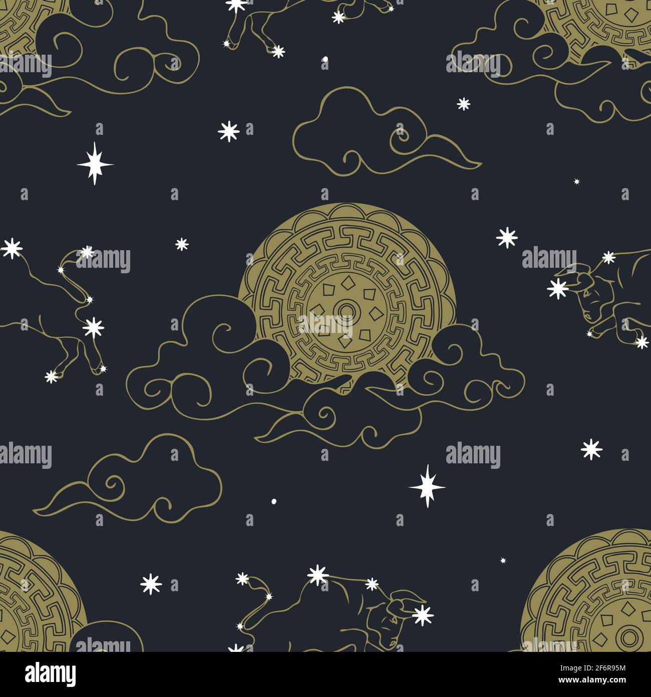 Seamless vector pattern with golden moon and stars on dark blue ...
