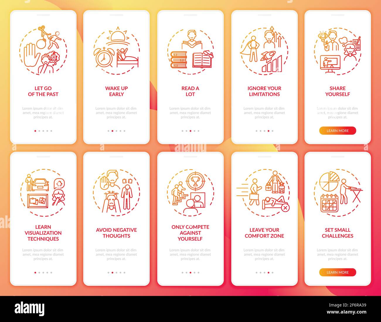 Self-development tips red onboarding mobile app page screen with concepts set Stock Vector