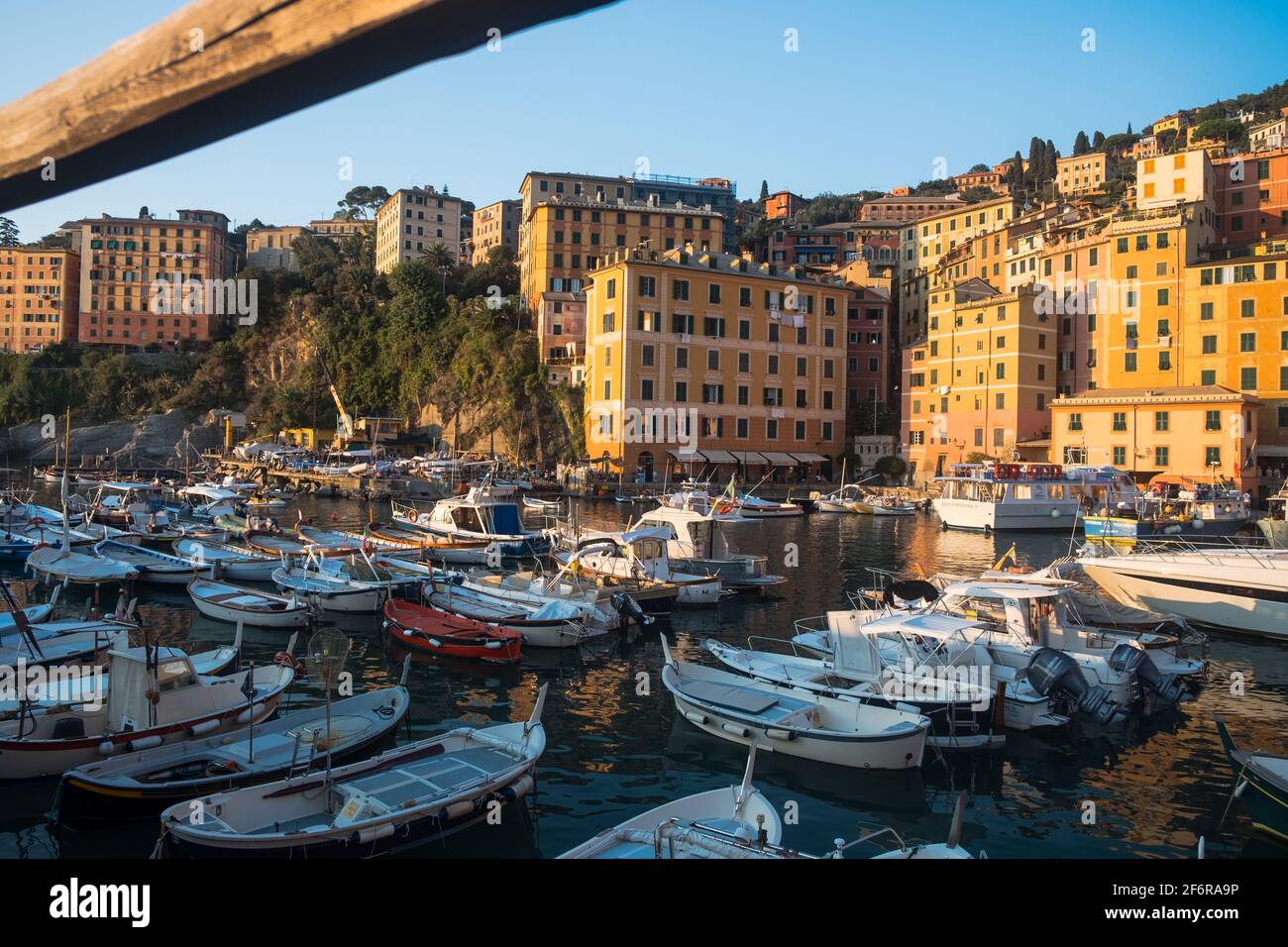 Recreational boats lie in the marina of Camogli. Pastel coloured houses on the surrounding hill border this small port. Stock Photo