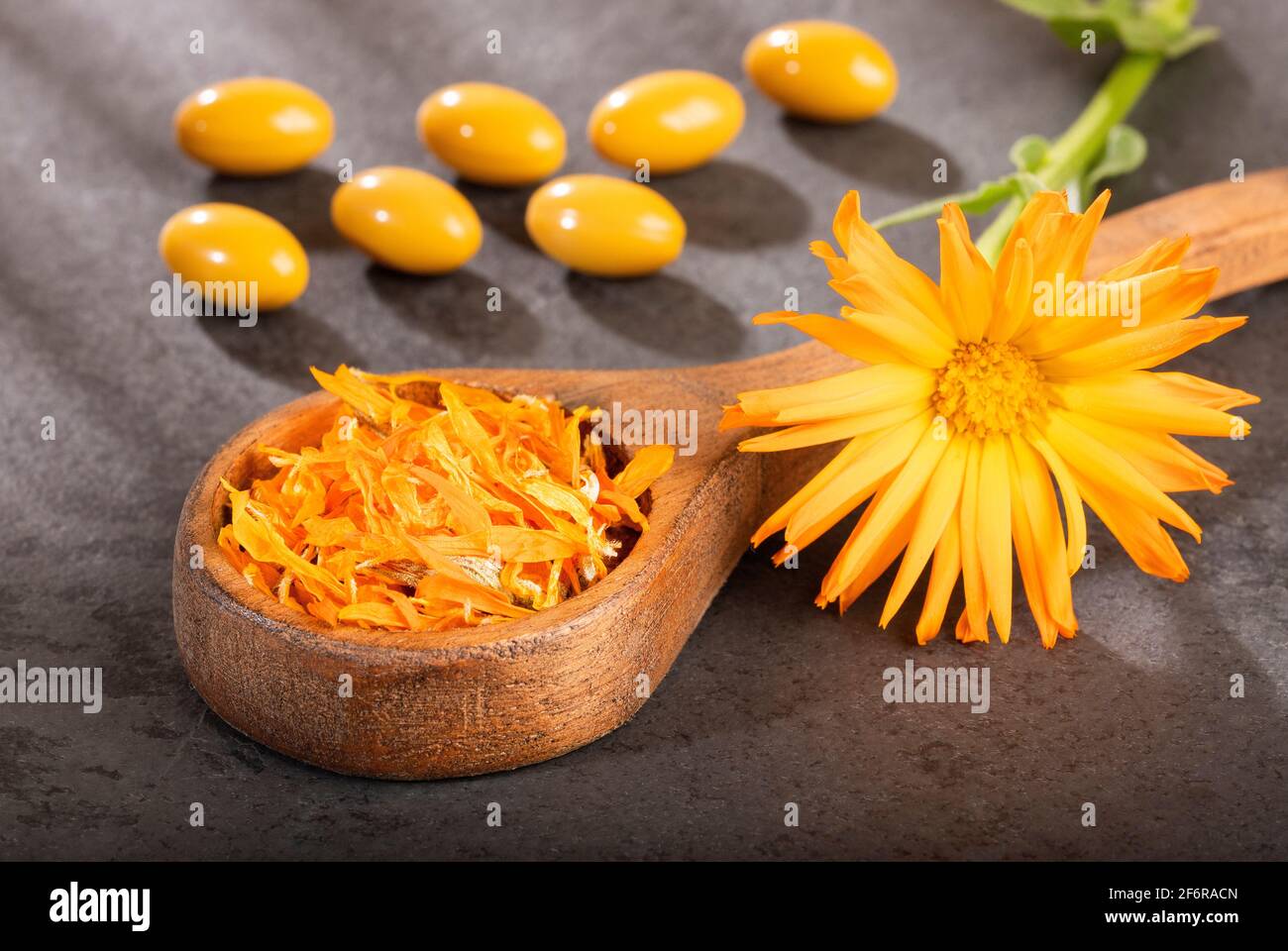 Calendula capsules. Alternative Medicine Calendula officinalis Stock