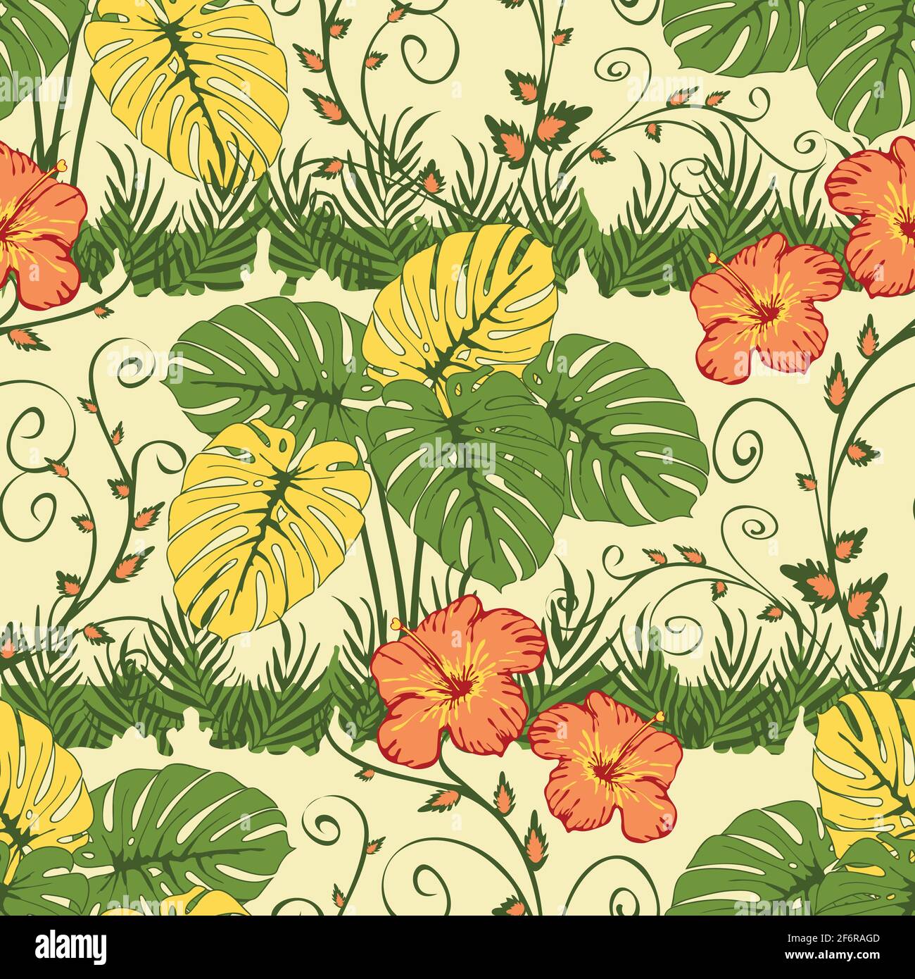 Seamless Vector Pattern With Tropical Plants On Light Pink Background Jungle Landscape Wallpaper Design With Red Flower Romantic California Fashion Stock Vector Image Art Alamy