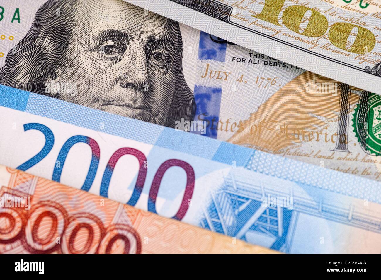 Russian rubles and one hundred dollar bills. Closeup. Stock Photo