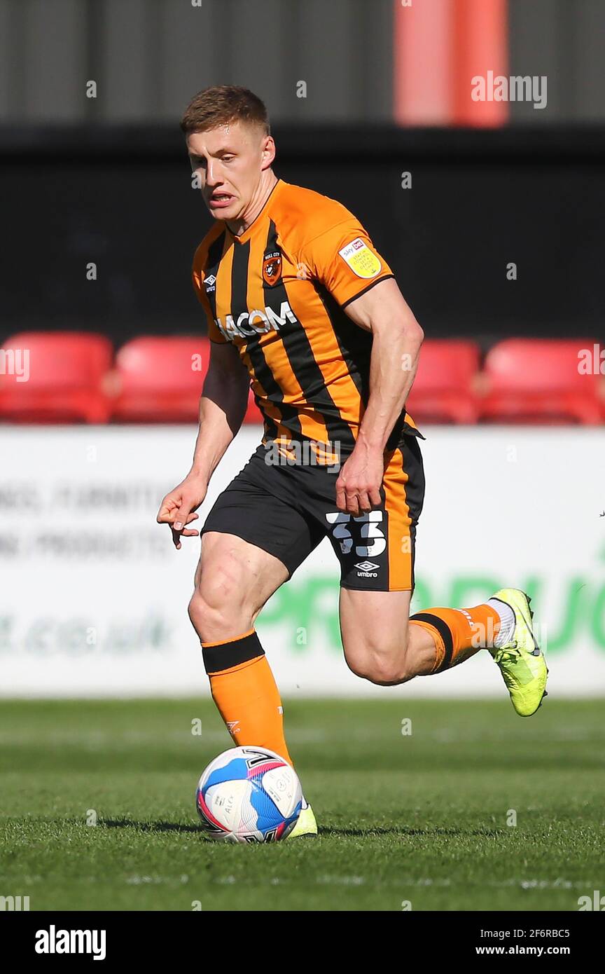 Crewe, UK. 02nd Apr, 2021. Greg Docherty of Hull City in action. EFL Skybet football league one match, Crewe Alexandra v Hull city at the Alexandra Stadium in Crewe, Cheshire on Friday 2nd April 2021. this image may only be used for Editorial purposes. Editorial use only, license required for commercial use. No use in betting, games or a single club/league/player publications. pic by Chris Stading/Andrew Orchard sports photography/Alamy Live news Credit: Andrew Orchard sports photography/Alamy Live News Stock Photo