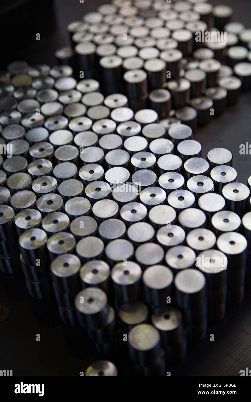 Close-up of steel bearing rolls. Low depth of field. Center in focus. Stock Photo