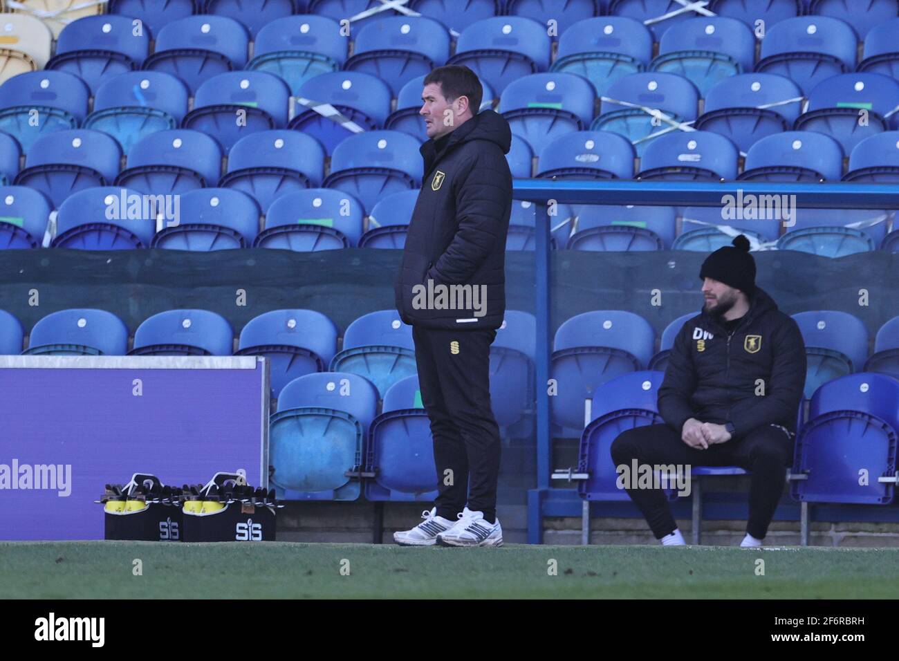 MANSFIELD, UK. APRIL 2ND: Mansfield Town manager, Nigel Clough looks on during the Sky Bet League 2 match between Mansfield Town and Leyton Orient at the One Call Stadium, Mansfield on Friday 2nd April 2021. (Credit: James Holyoak | MI News) Credit: MI News & Sport /Alamy Live News Stock Photo