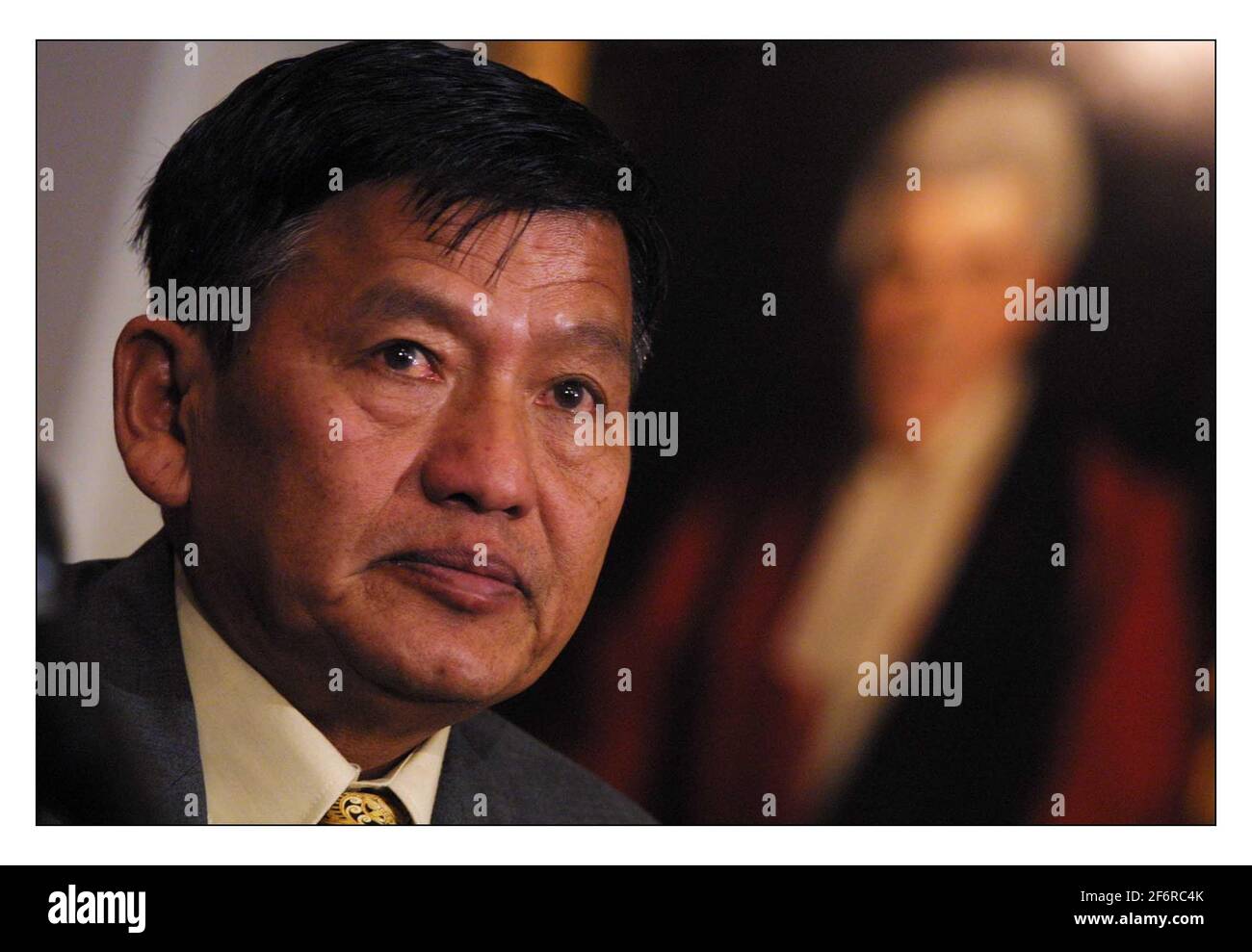 Padam Bahadur Gurung, President of Gurkha Army Ex-Servicemen Association speaks at a press conference re 20 test cases for ex-Gurkhas, living in Nepal, starting in the High Court London next week. The Gurkhas will be represented in court by Cherie Booth QC.pic David Sandison 8/5/2002 Stock Photo