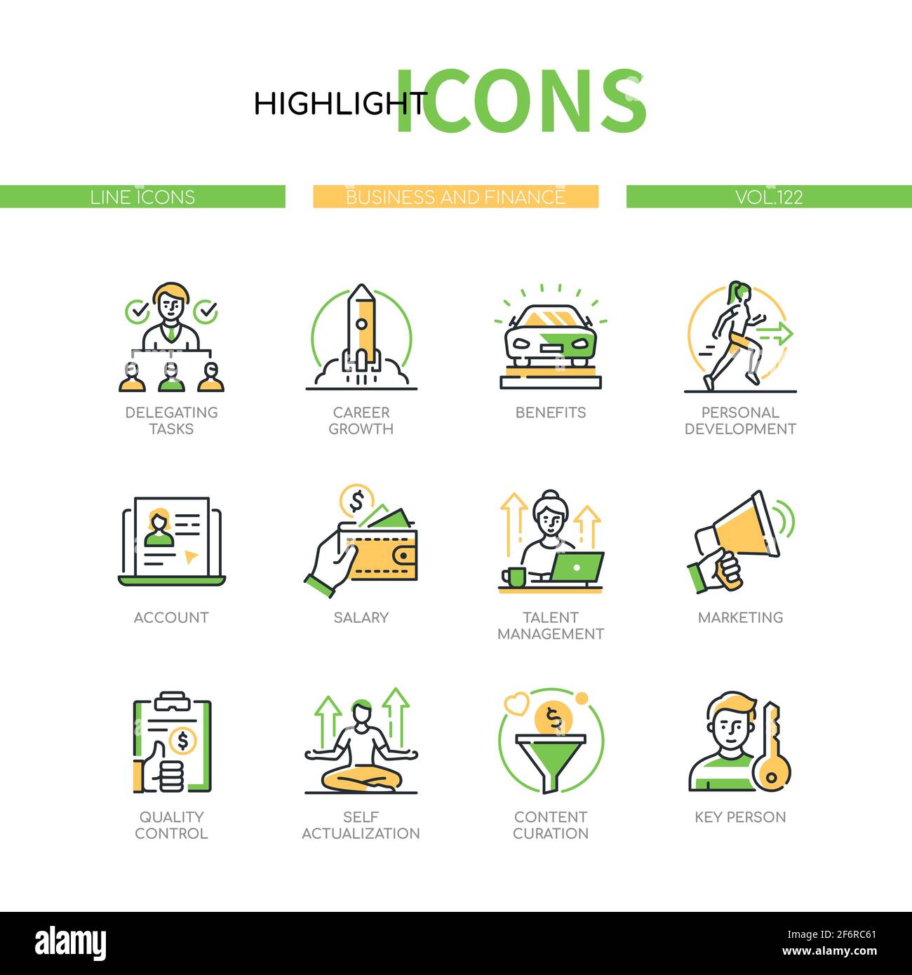 Business and finance - line design style icons set. Management, personal development and marketing idea. Delegating tasks, benefit, career growth, qua Stock Vector