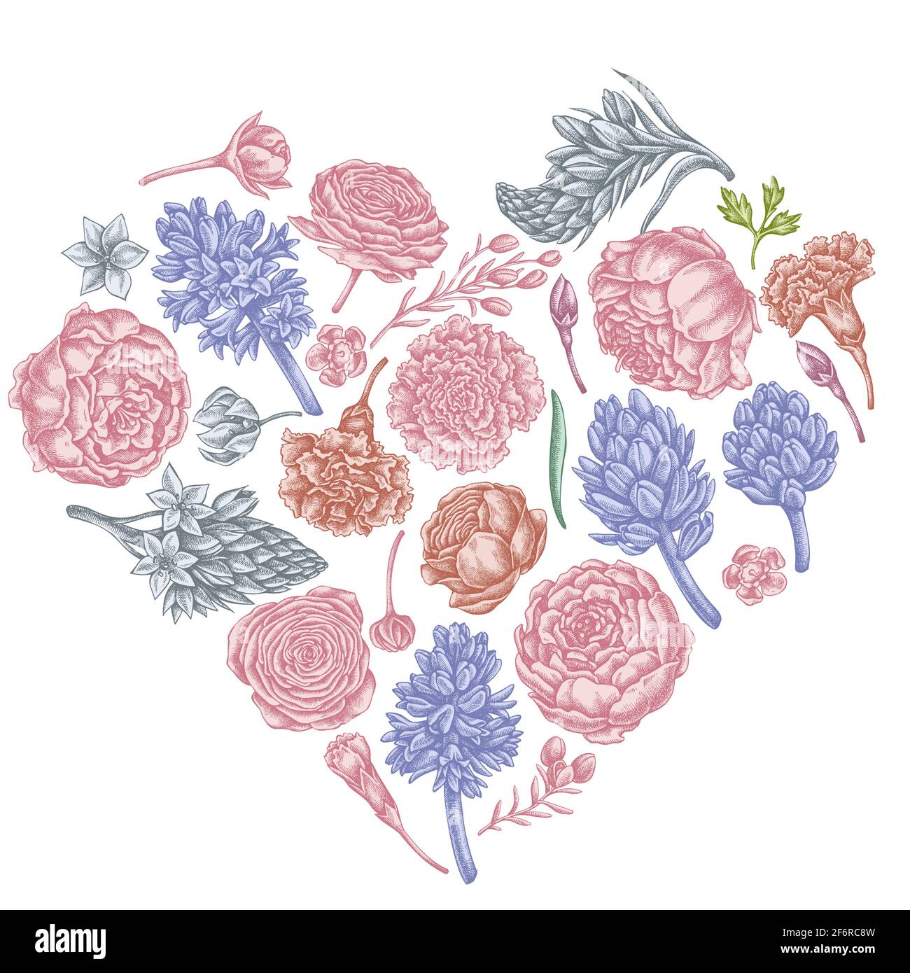 Heart floral design with pastel peony, carnation, ranunculus, wax flower, ornithogalum, hyacinth Stock Vector