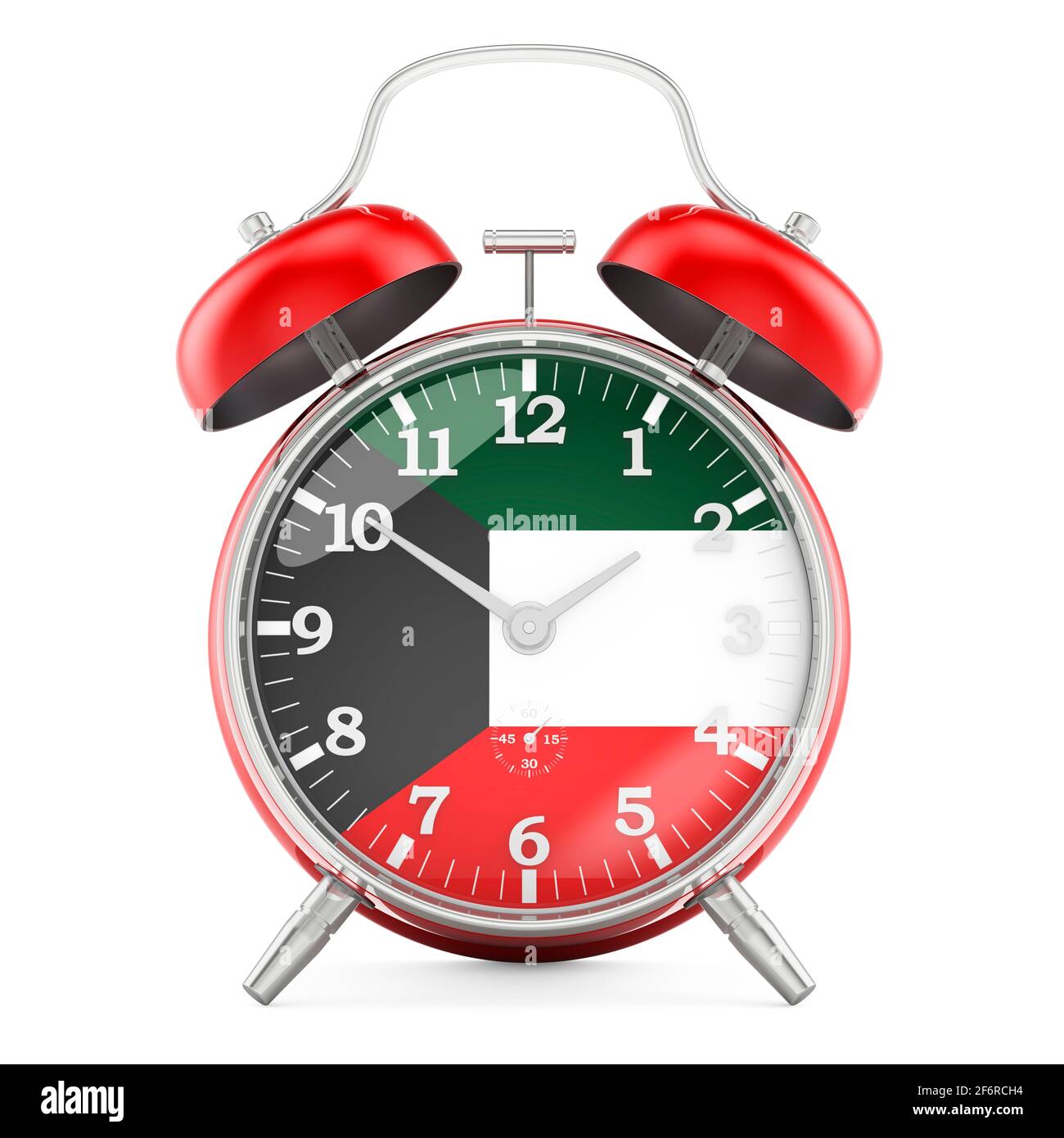 Alarm clock with flag of Kuwait, 3D rendering isolated on white