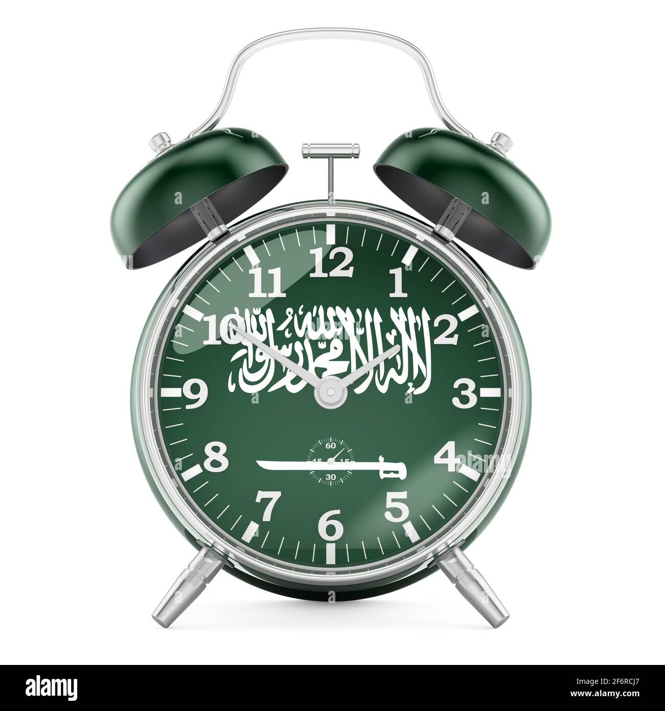 Alarm clock with flag of Saudi Arabia, 3D rendering isolated on white