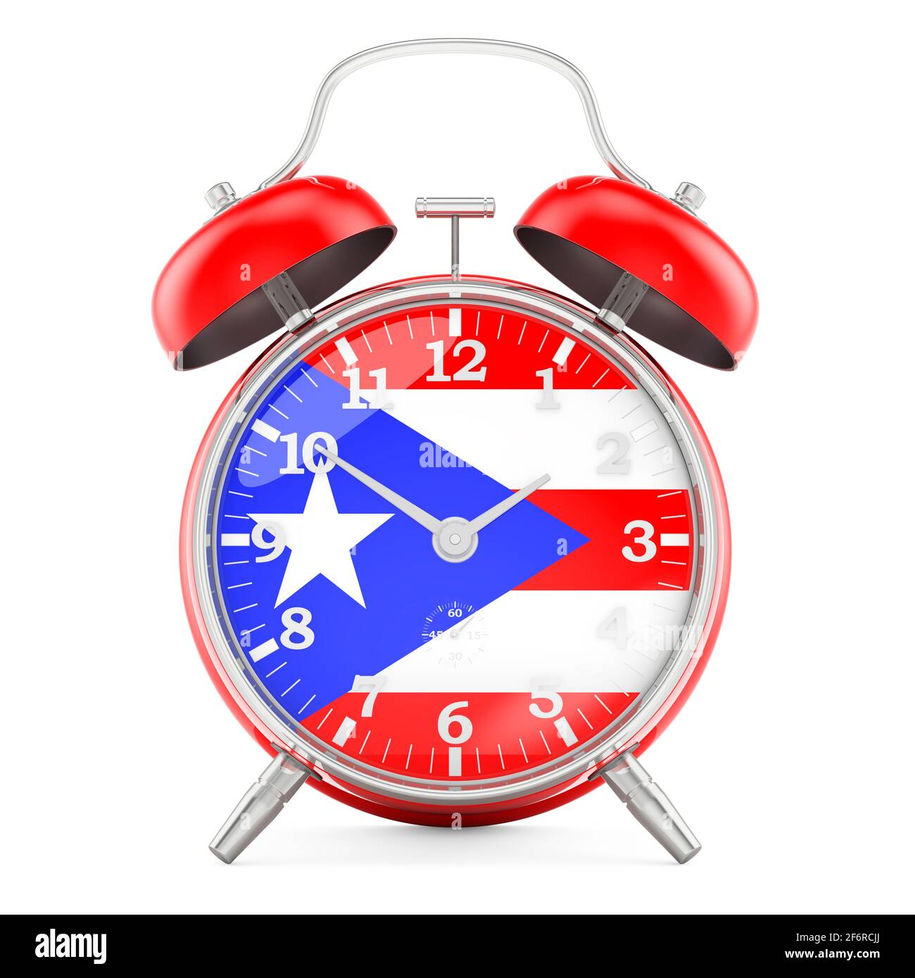 Alarm clock with flag of Puerto Rico, 3D rendering isolated on white