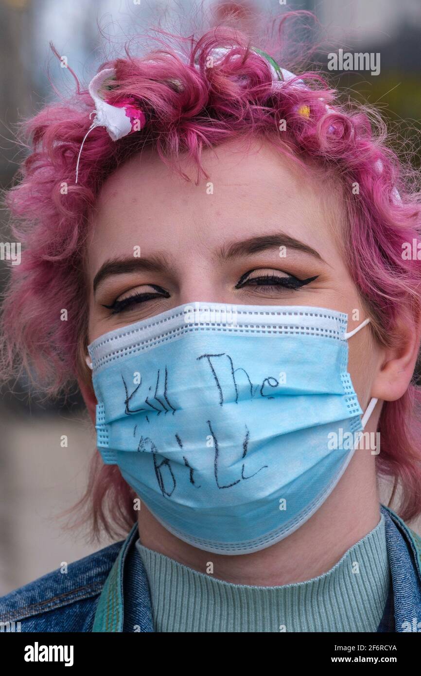 London, UK. 2nd Apr 2021. A protestor at ‘Kill The Bill’ protest against the Police, Crime, Sentencing and Courts Bill, in Leeds, north of England on Good Friday, April 2nd, 2021. Credit: Mark Harvey/Alamy Live News Stock Photo