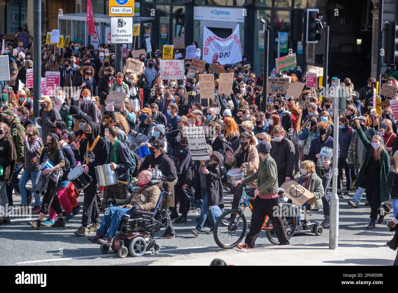 London, UK. 2nd Apr 2021. Protestors at ‘Kill The Bill’ protest against the Police, Crime, Sentencing and Courts Bill, in Leeds, north of England on Good Friday, April 2nd, 2021. Credit: Mark Harvey/Alamy Live News Stock Photo