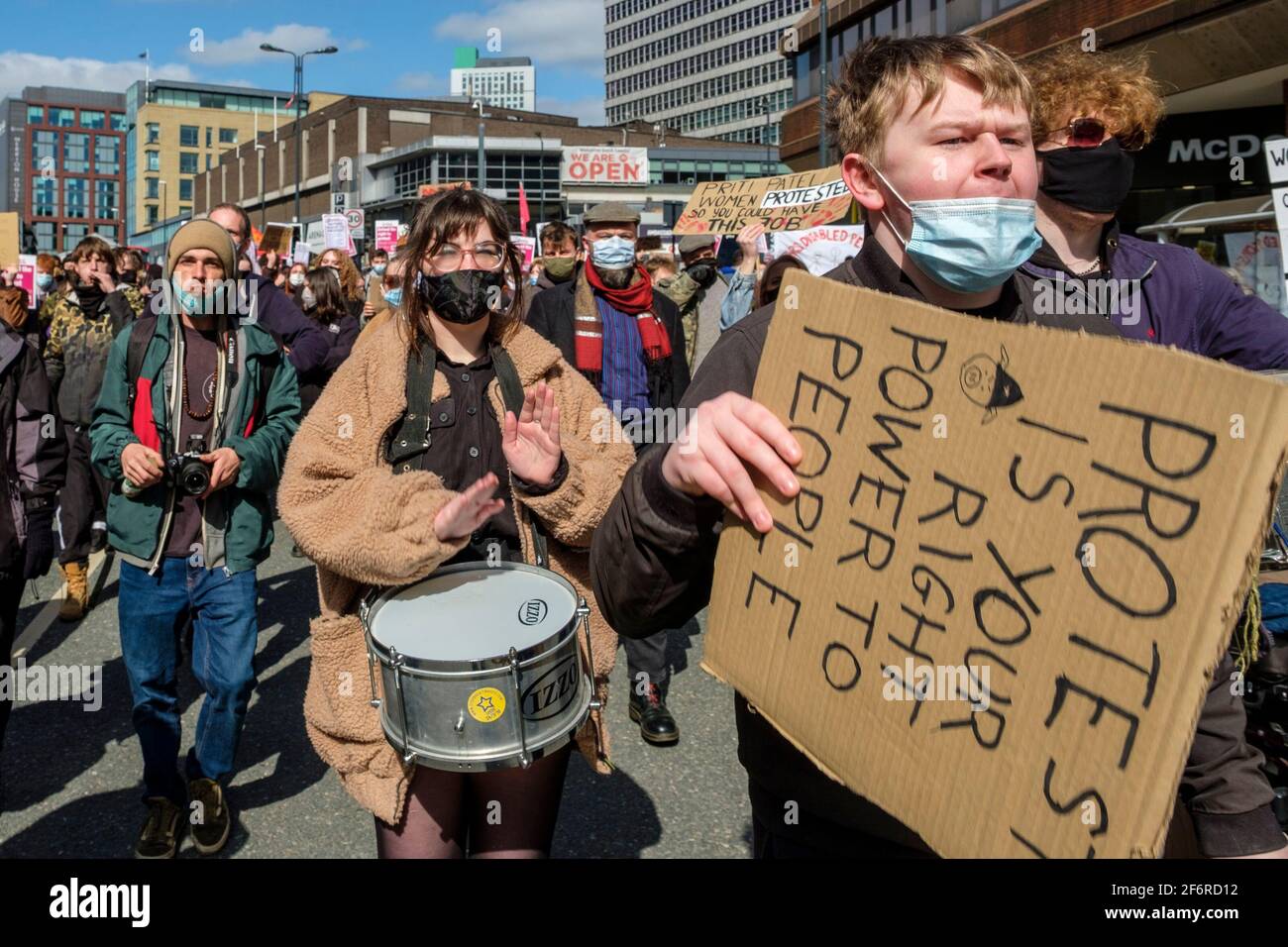London, UK. 2nd Apr 2021. Protestors at ‘Kill The Bill’ protest against the Police, Crime, Sentencing and Courts Bill, in Leeds, north of England on Good Friday, April 2nd, 2021. Credit: Mark Harvey/Alamy Live News Stock Photo