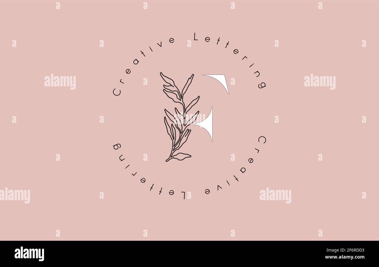 White Letter F Logo with circle lettering design and outline leaves and ...
