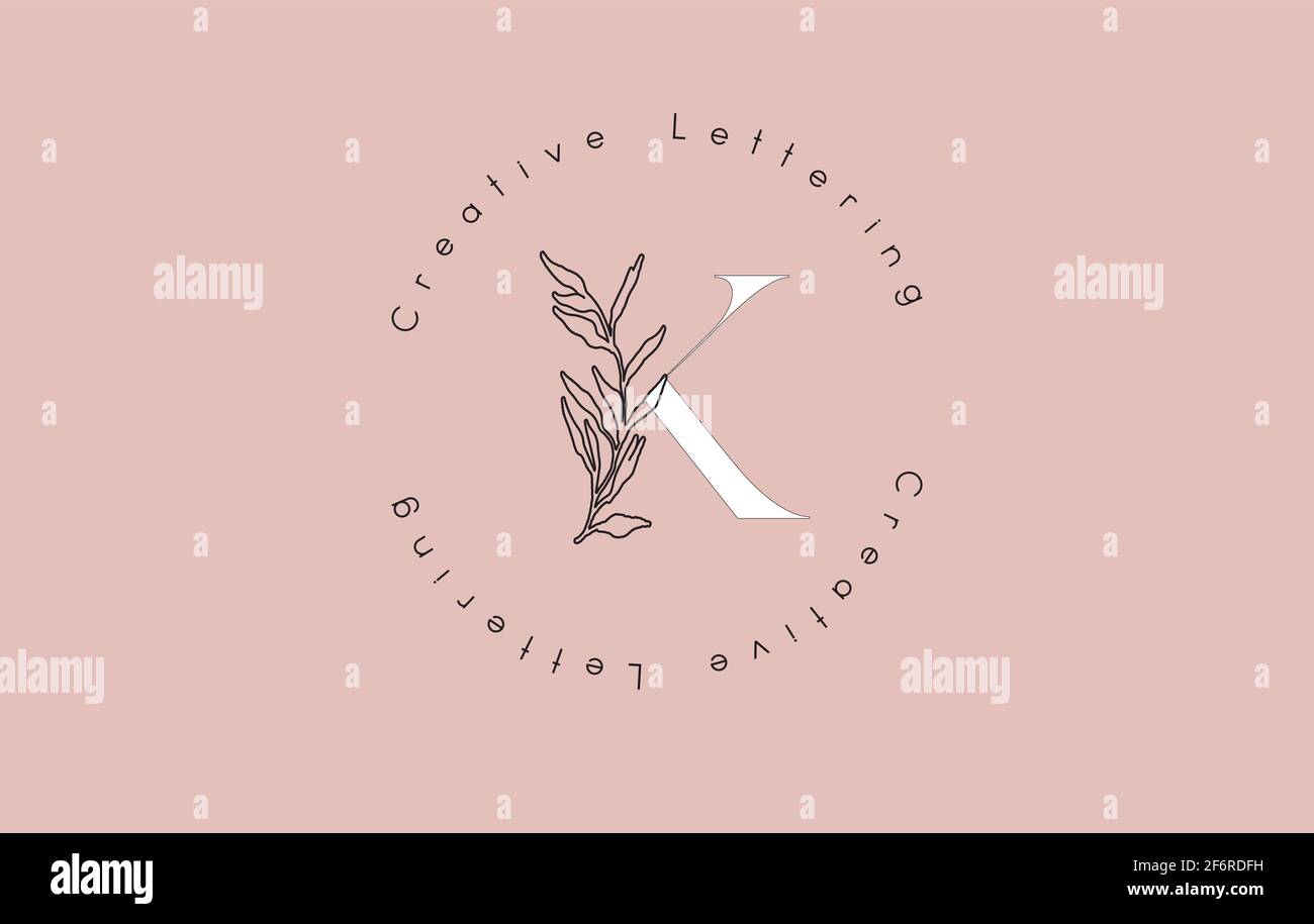 White Letter K Logo with circle lettering design and outline leaves and ...