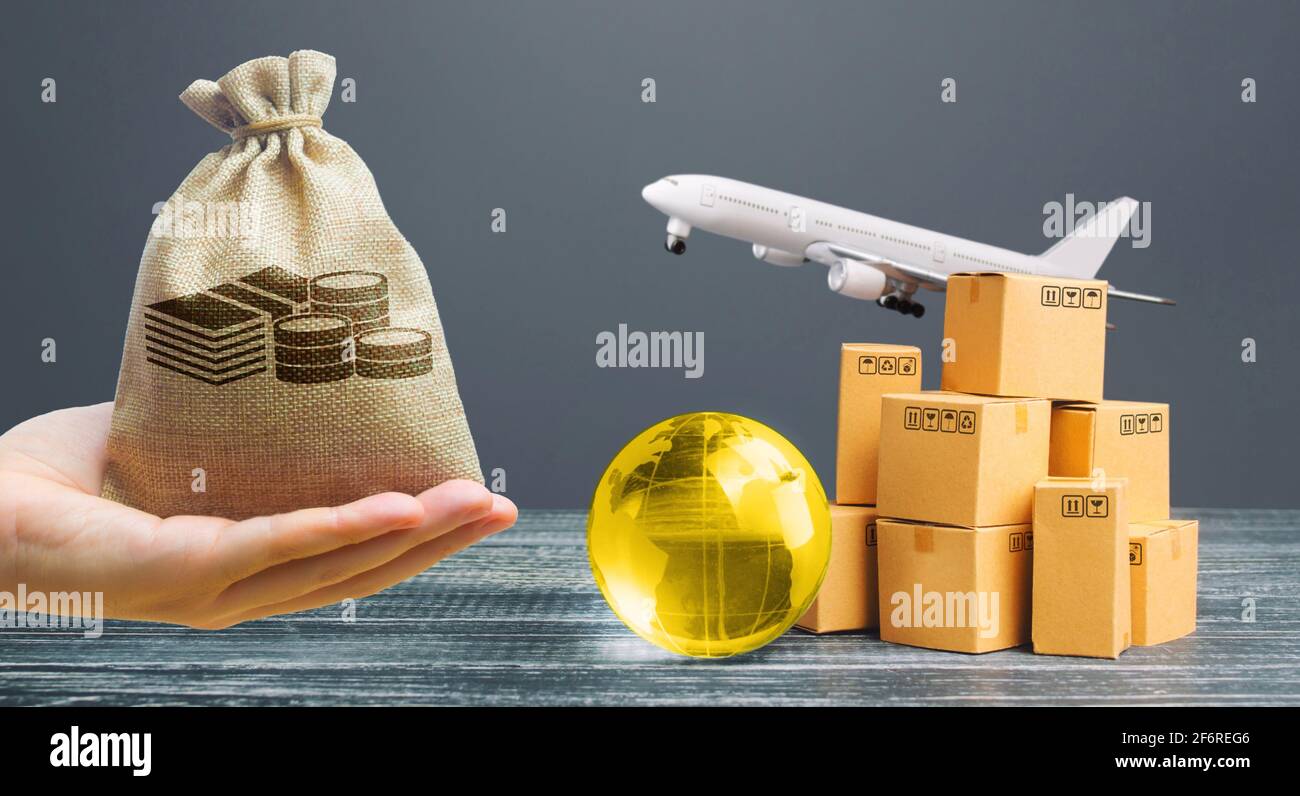 Money bag, boxes with globe and freight plane. International delivery of goods and products. Logistics, infrastructure hubs. Global business, import, Stock Photo