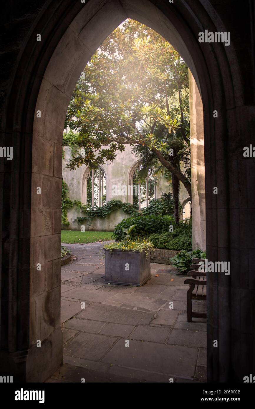 Hidden garden in the ruins of St Dunstan in the East medieval church in the City of London, England, UK Stock Photo