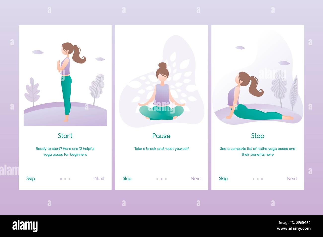 Set of yoga banners or mobile pages application,female doing yoga positions,trendy flat vector illustration Stock Vector