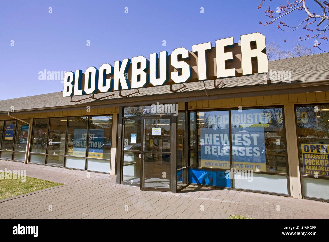 The exterior of the BlockBuster Video store in Bend, Oregon, the only BlockBuster store left in the world. Stock Photo