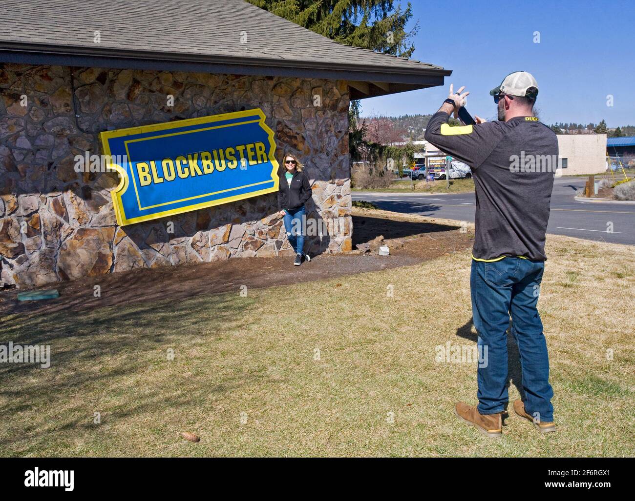 The exterior of the BlockBuster Video store in Bend, Oregon, the only BlockBuster store left in the world. Stock Photo