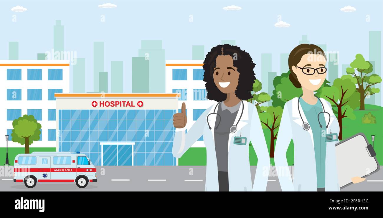 Modern Hospital building,ambulance car,couple of female doctors or nurse,park near,silhouette of city buildings on the background,flat vector illustra Stock Vector