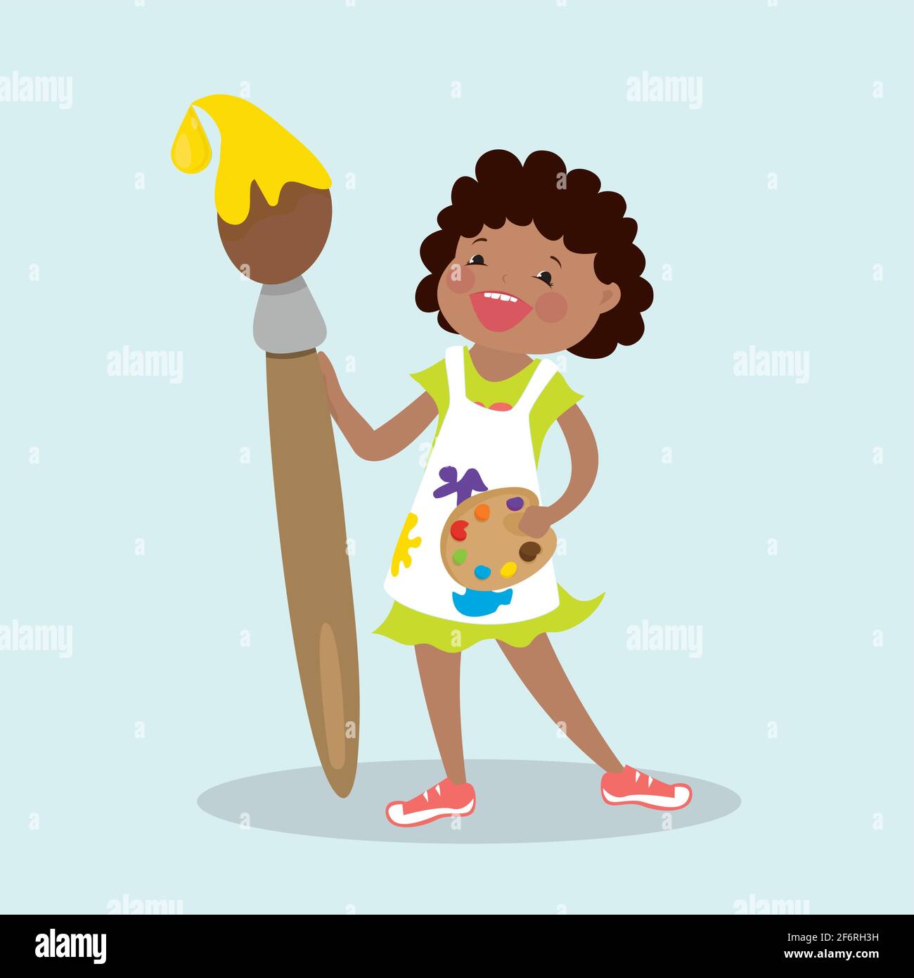 Happy african american girl with big paint brush and palette,cute