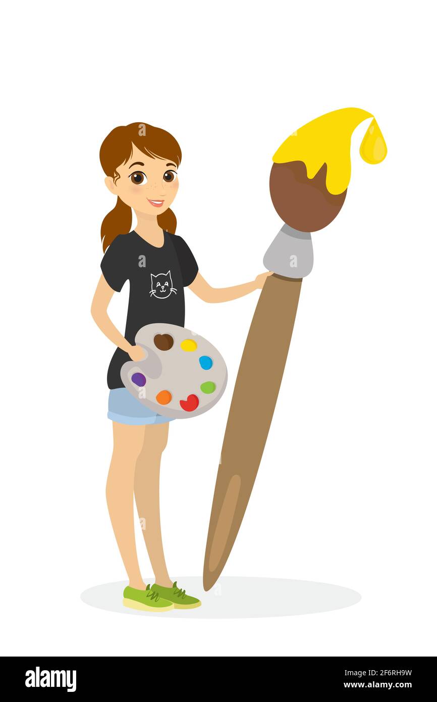Cartoon happy girl with palette and brush.Caucasian female artist ...