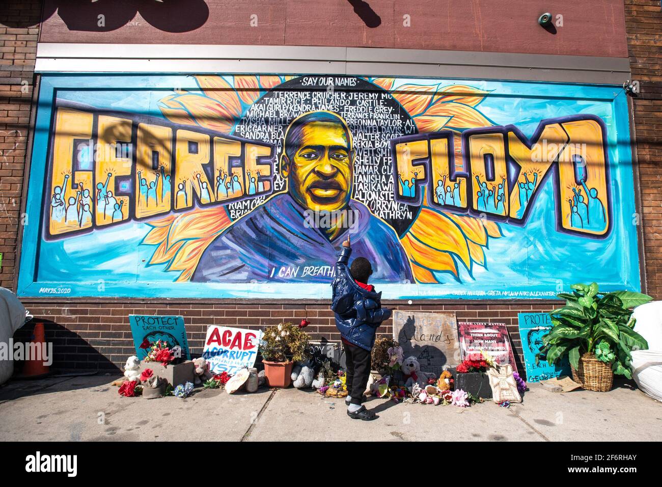 General Atmosphere of the George Floyd Memorial at the site where he died outside Cup Foods at E 38th Street and Chicago Avenue during the Derek Chauvin Trial on April 1, 2021 in Minneapolis, Minnesota. Photo: Chris Tuite/ImageSPACE /MediaPunch Stock Photo
