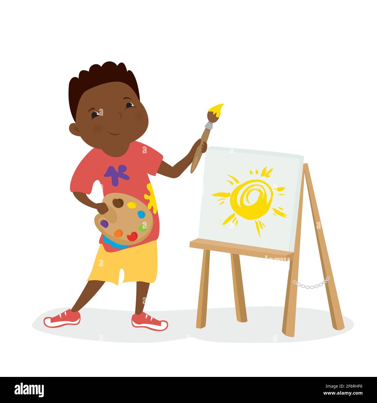 Cute african american kid boy painter,happy male child character with a
