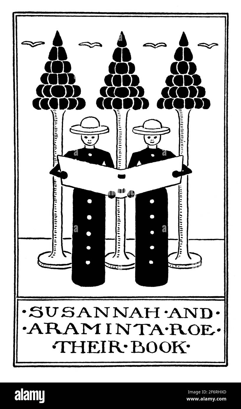 identical figures bookplate for Suzannah and Araminta Roe by M Igglesden from 1903 Studio Magazine of Fine and Applied Art Stock Photo