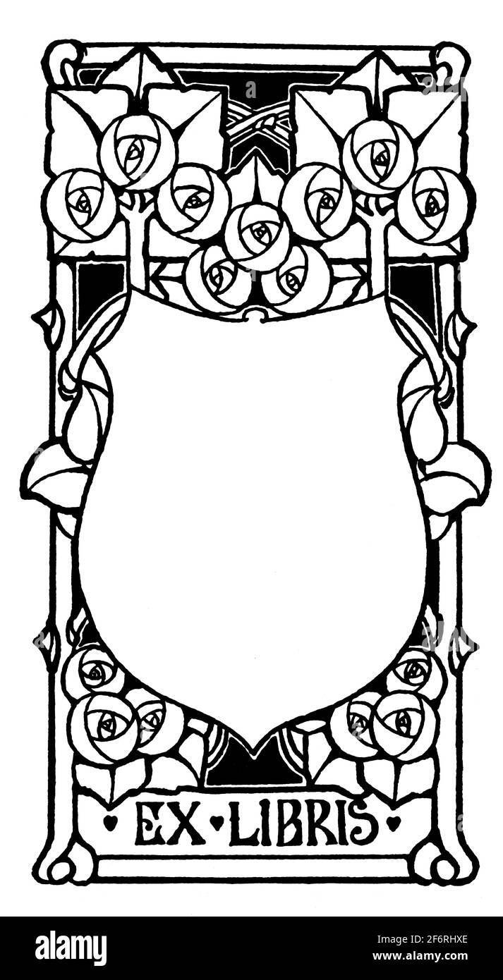 blank shield name plate bookplate design with art nouveau floral frame by Scottish artist Gordon W Mason from 1903 Studio Magazine of Fine and Applied Stock Photo