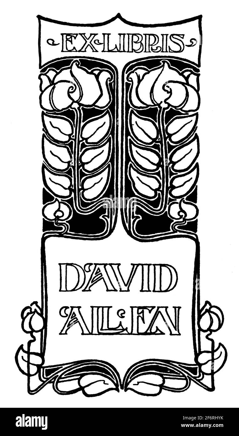Art Nouveau bookplate for David Allen by Percy Lancaster from 1903 Studio Magazine of Fine and Applied Art Stock Photo
