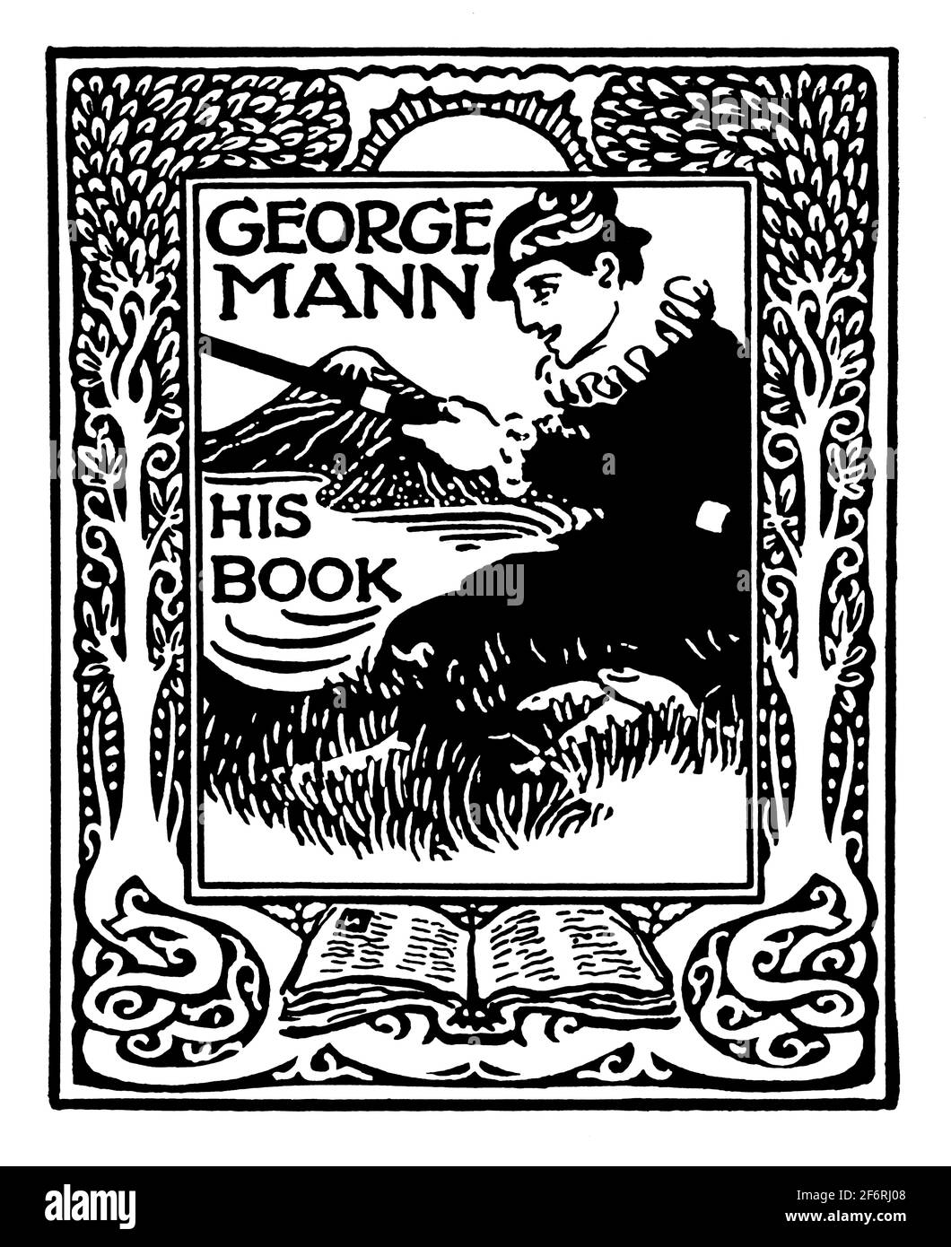 George Mann bookplate with angler fishing by Scott Calder from 1903 The Studio Magazine of Fine and Applied Art Stock Photo