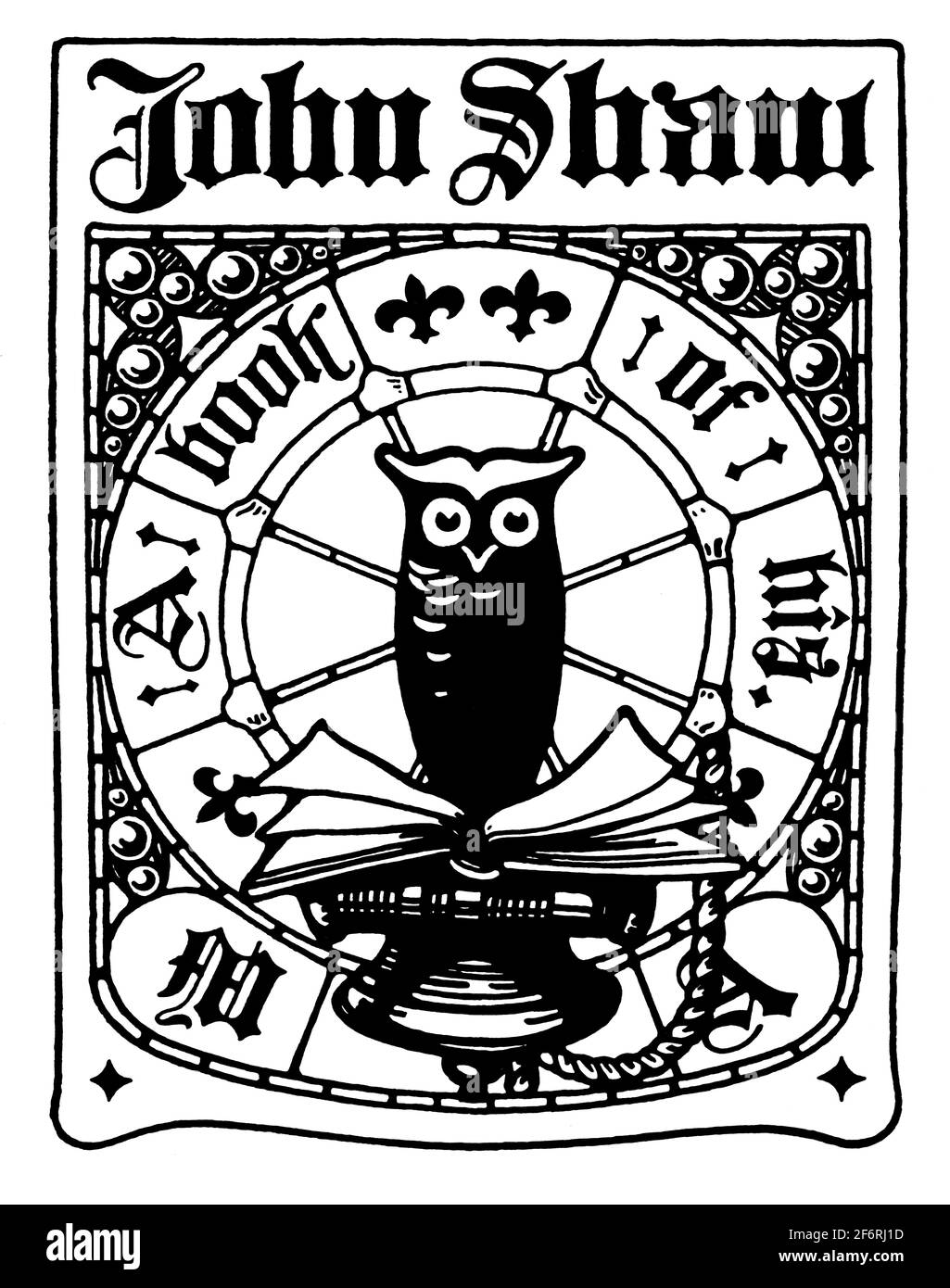 John Shaw wise owl motif bookplate by Manchester stained glass designer Edward H Atwell from 1903 The Studio Magazine of Fine and Applied Art Stock Photo