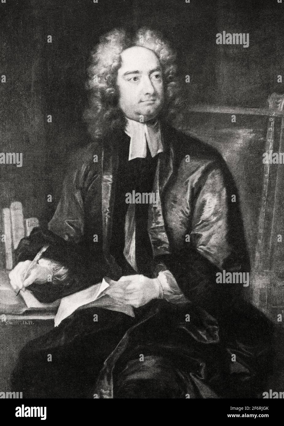 A portrait of Jonathan Swift (1667-1745), the Anglo-Irish satirist, essayist, political pamphleteer (first for the Whigs, then for the Tories), poet and Anglican cleric who became Dean of St Patrick's Cathedral, Dublin, hence his common sobriquet, 'Dean Swift'. Mainly remembered Gulliver's Travels (1726), he is regarded as the foremost prose satirist in the English language. He wrote other works and is less well known for his poetry. Stock Photo