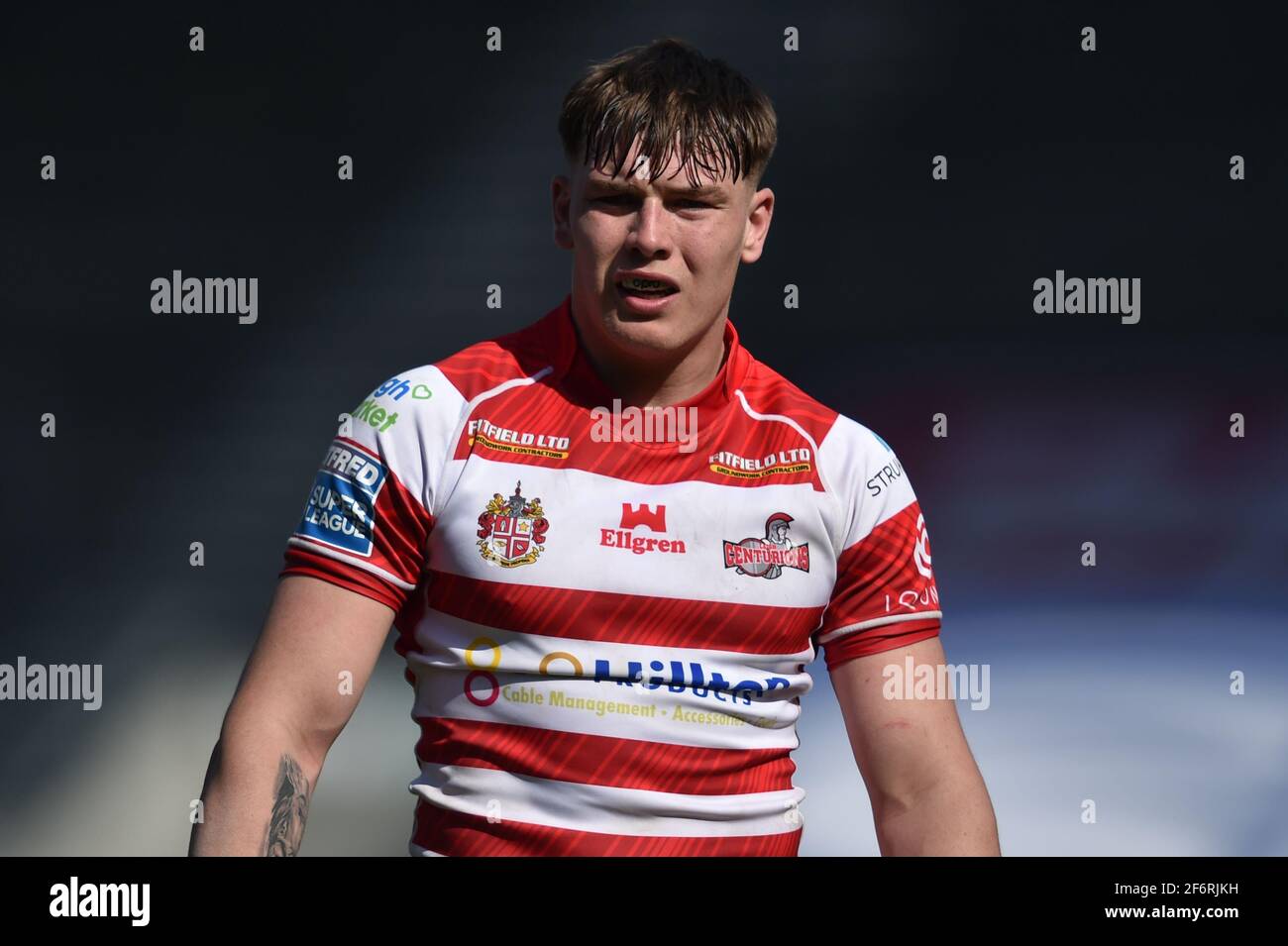 St Helens, UK. 02nd Apr, 2021. Keanan Brand (24) of Leigh Centurions during the game in St Helens, UK on 4/2/2021. (Photo by Richard Long/News Images/Sipa USA) Credit: Sipa USA/Alamy Live News Stock Photo