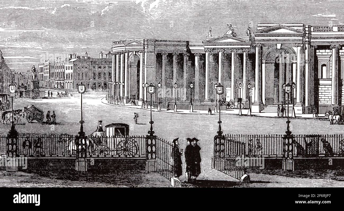 An 18th Century illustration of the Parliament building designed by Sir Edward Lovett Pearce, the world’s first, purpose built, two-chamber parliament building. Pearce died before seeing the building completed and significant later additions and redesigns were added to the building by James Gandon in 1780. The view taken from the front entrance to Trinity College (TCD) also show College Green, Dublin, Ireland Stock Photo