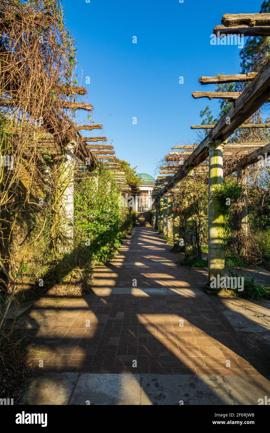 Beautiful Edwardian Hampstead Hill Garden and Pergola formerly part of Sir William Leverhulme Inverforth House and now part of Hampstead Heath, London Stock Photo