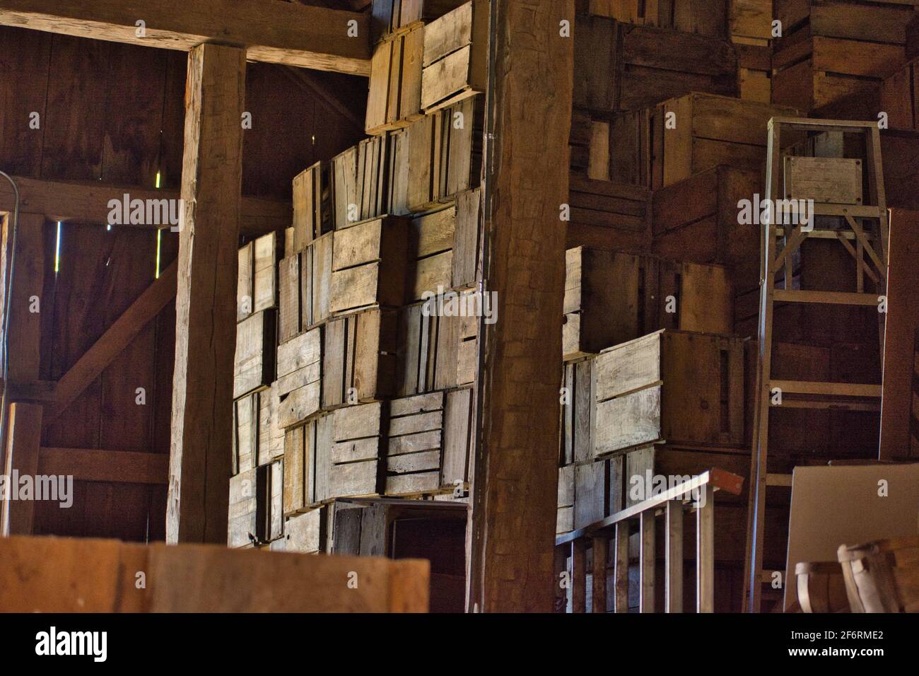 Stacks of harvest boxes stored in a barn Stock Photo Alamy