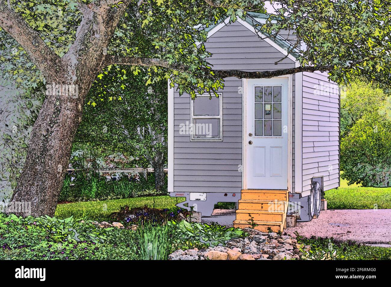 Color sketch of a tiny gray house on wheels Stock Photo