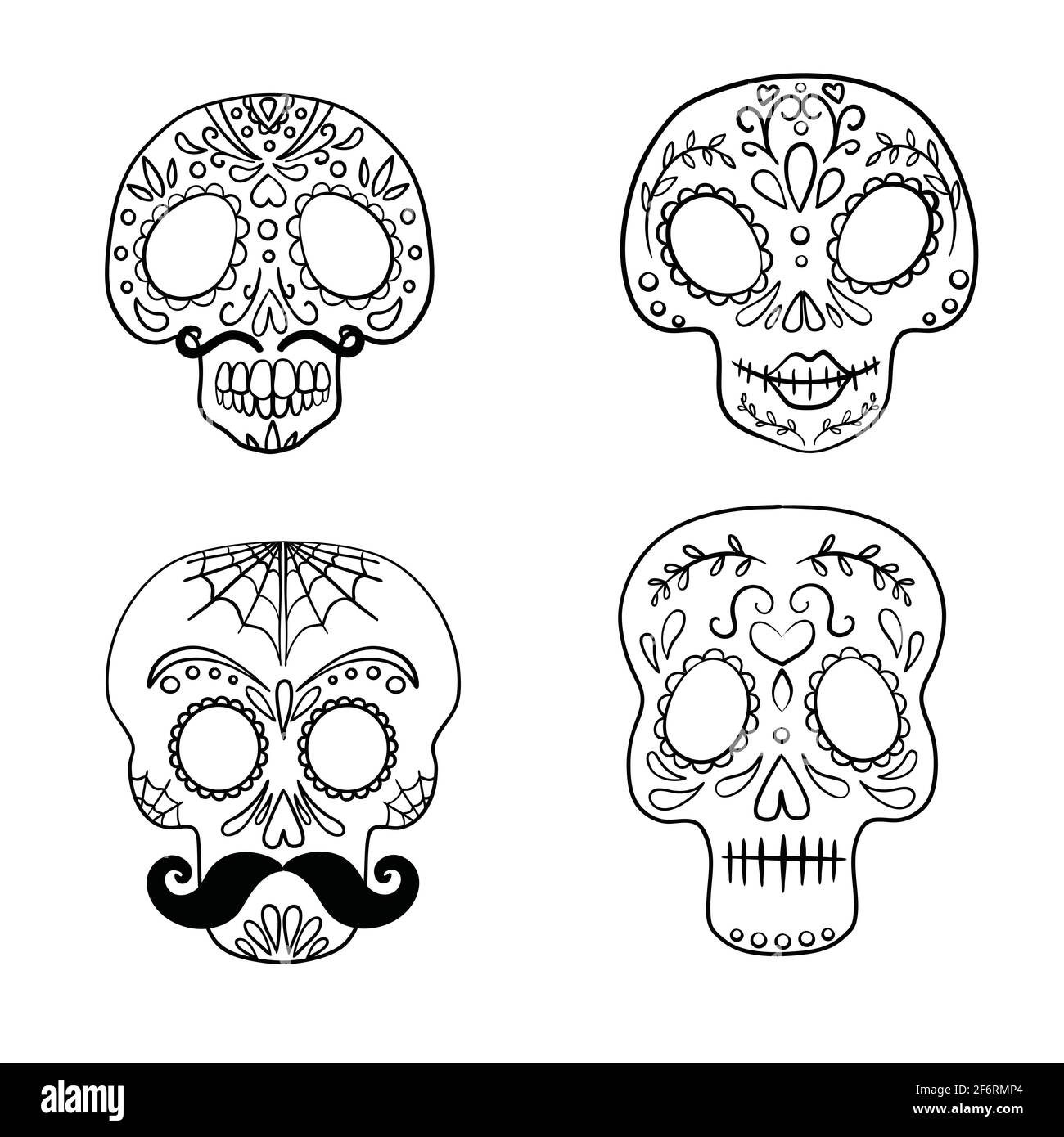 Black and white Mexican sugar skull coloring page line art set Stock Vector