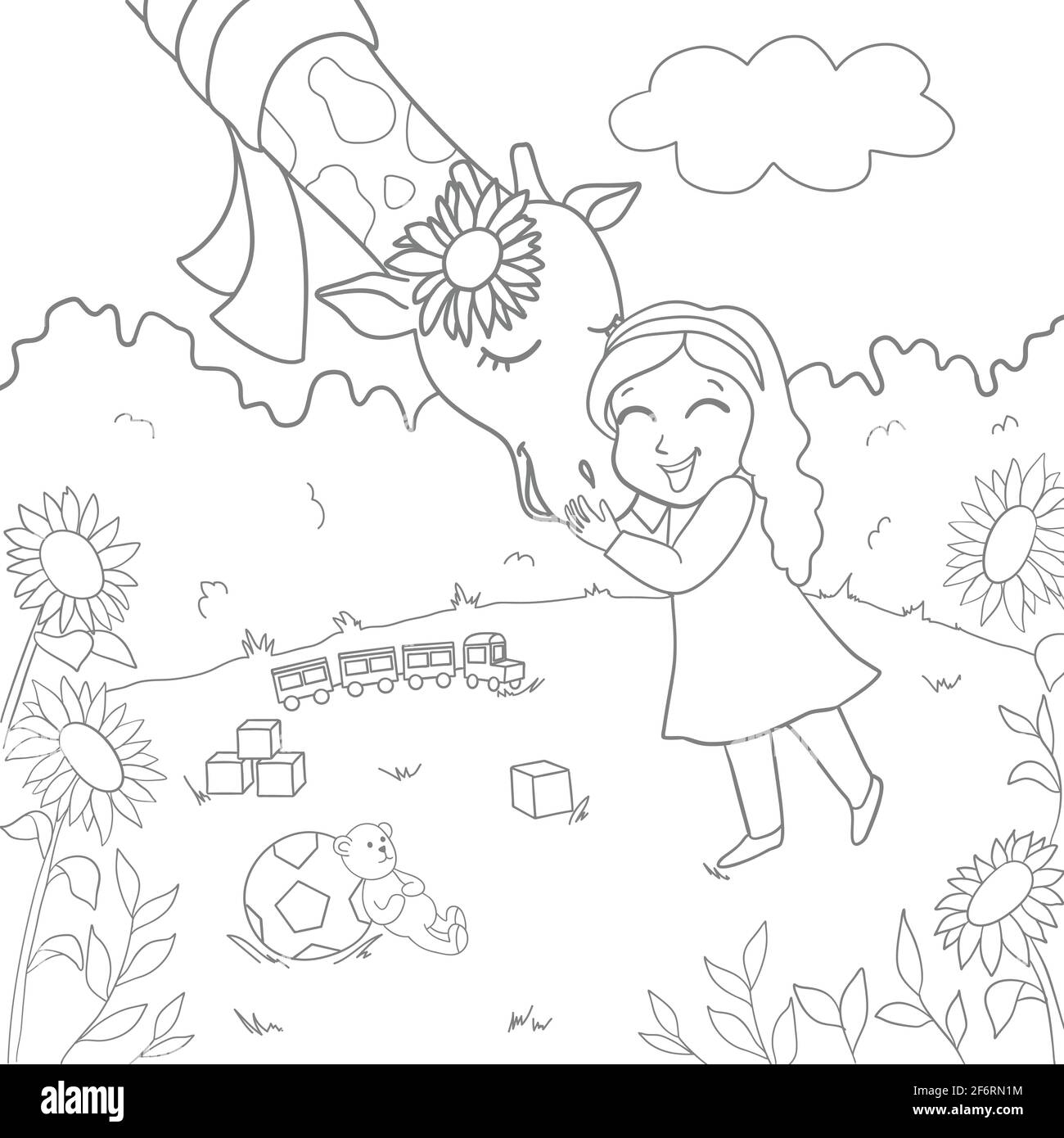Girl hugging a giraffe. Vector illustration of hand-drawn. Coloring book for adults and children. Stock Vector