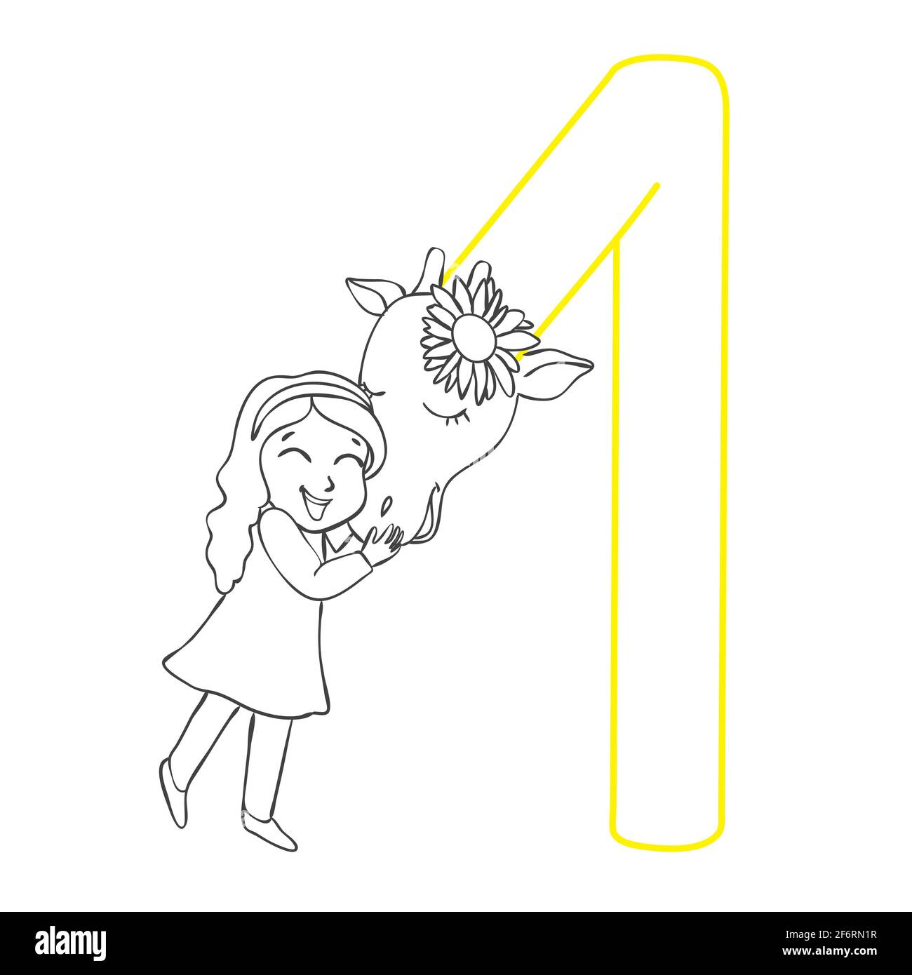 Girl hugging a giraffe. Vector illustration of hand-drawn. Coloring book for adults and children. Stock Vector