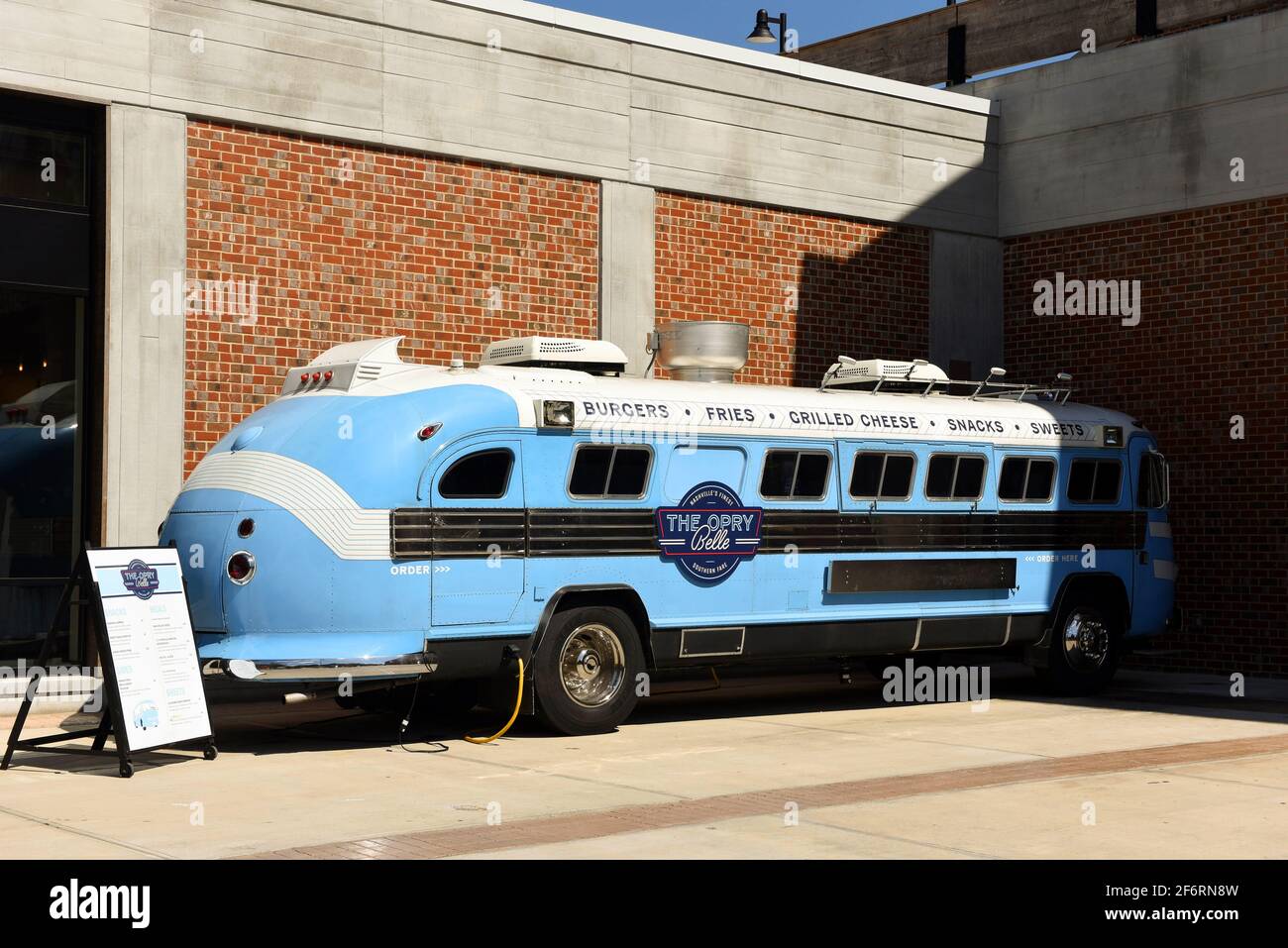 Nashville, TN, USA - September 22, 2019: The Opry Belle food bus parked outside the Grand Ole Opry House, is a fully functional mobile kitchen that wa Stock Photo