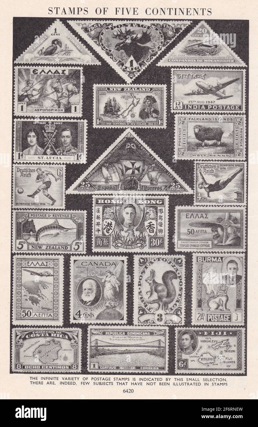 Vintage illustrations of Stamps of Five Continents. Stock Photo